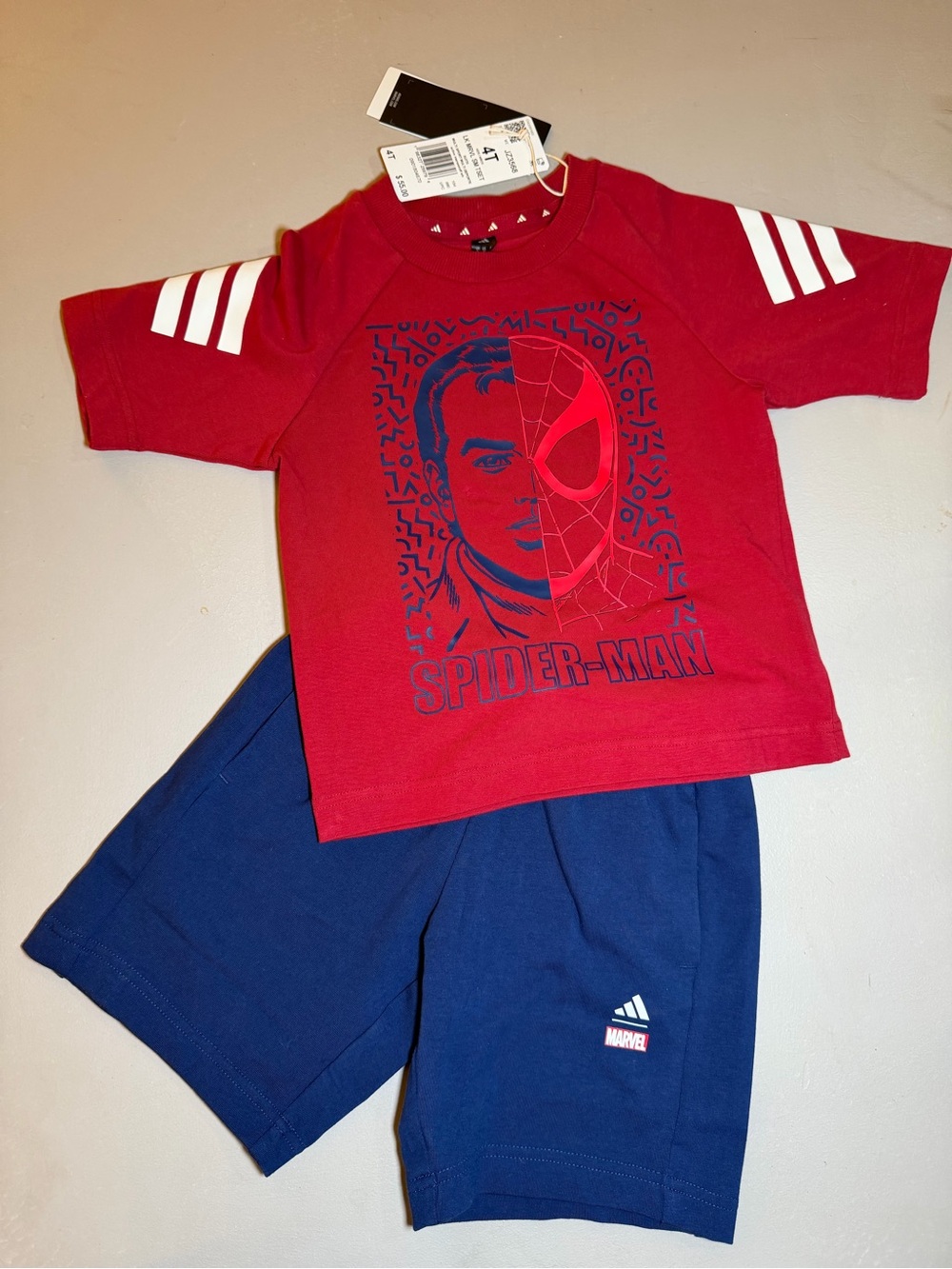 adidas Red Spider-Man Graphic Tee with White Sleeve Stripes
